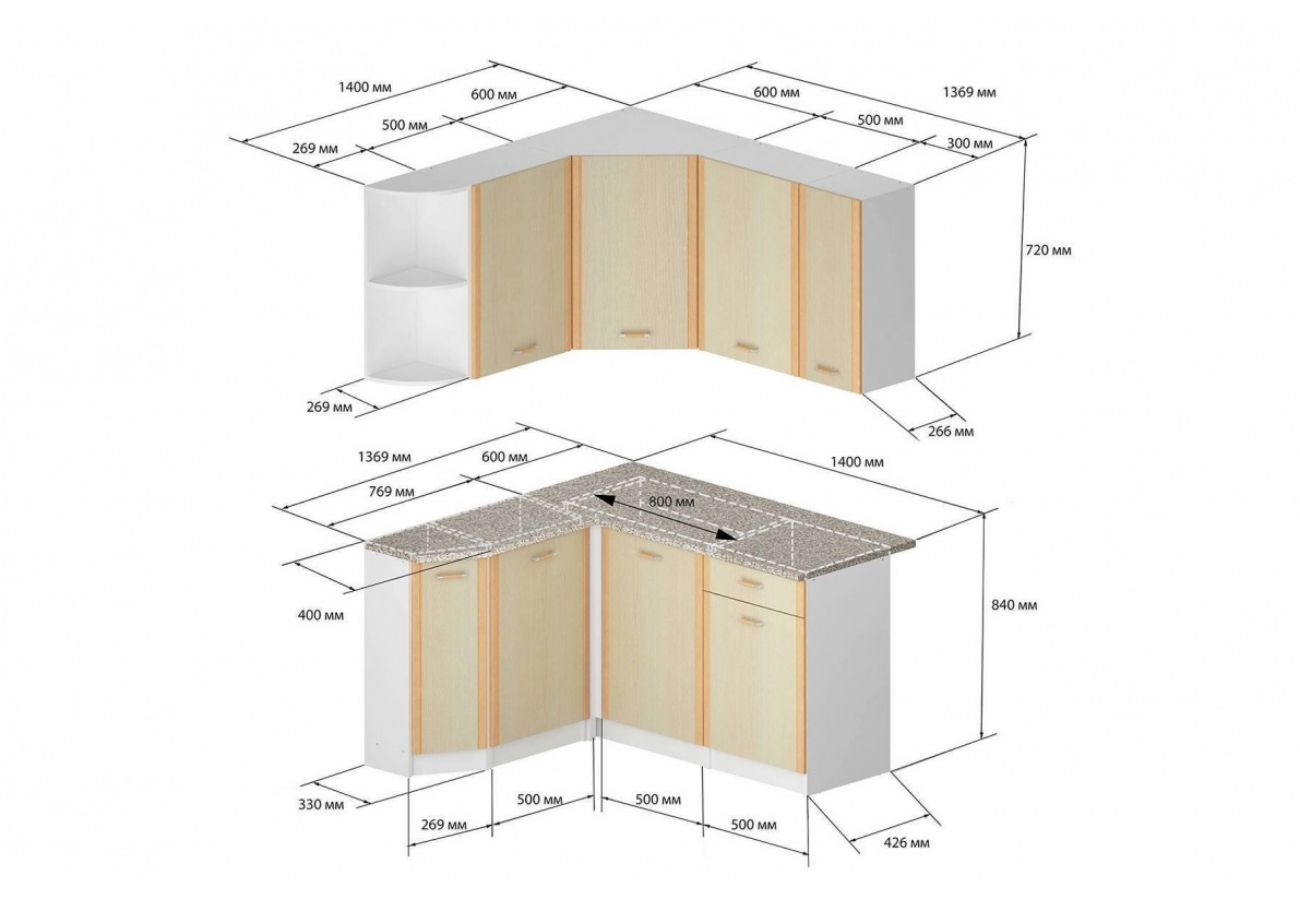 проект угловой кухни с размерами шкафов левый угол