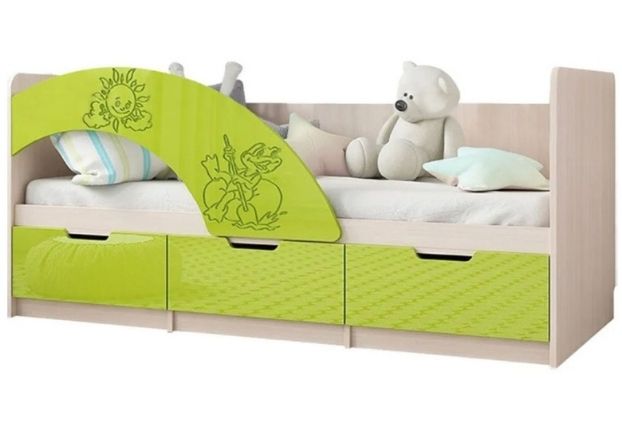 Кровать детская с ящиками Мульт 160х80 см зеленый, дуб беленый
