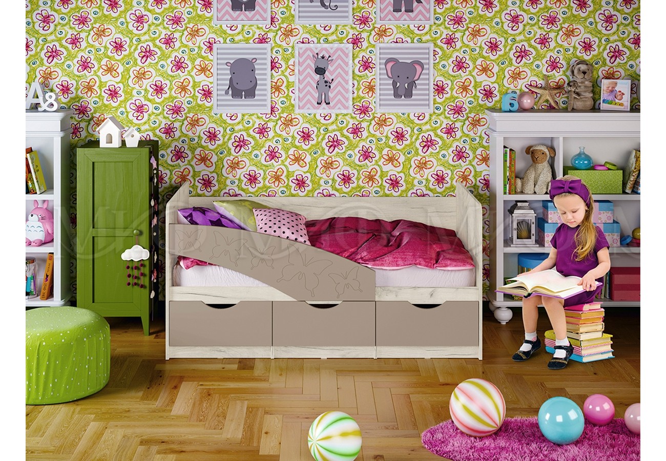 Кровать Бабочки 1,6*0,8м (Шарли Мокко/Дуб Крафт Белый)