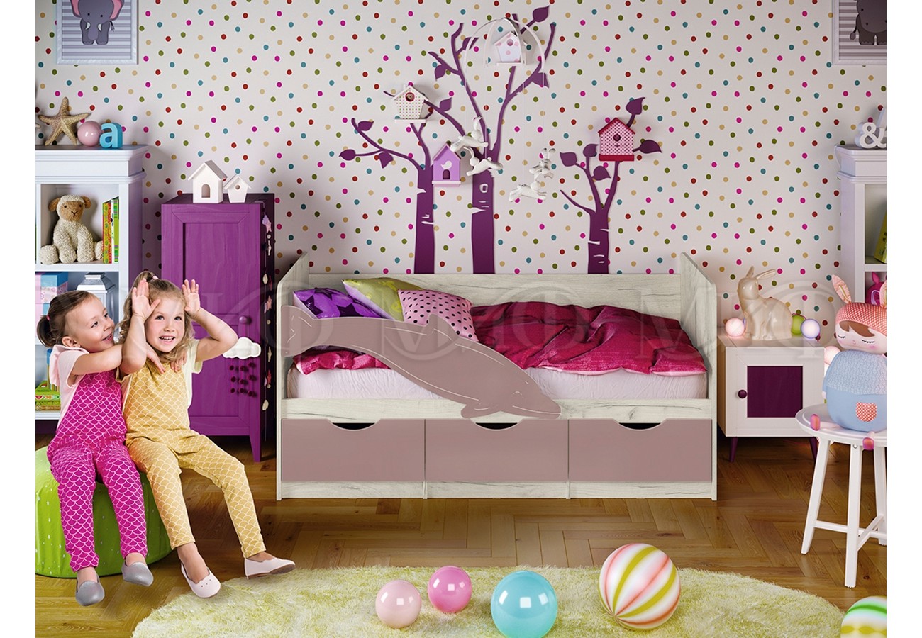 Кровать Дельфин №1 1,6*0,8м (Шарли Pink/Дуб Крафт Белый)
