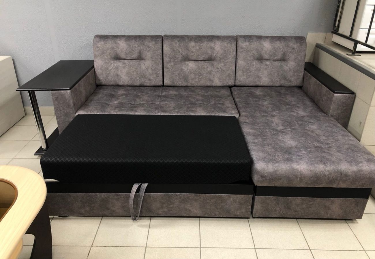 Диван-кровать угловой со столиком Анталия серо-черный