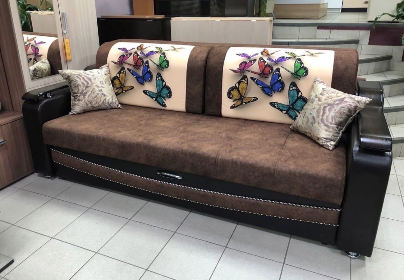 Диван-кровать Лидер коричневый, бабочки