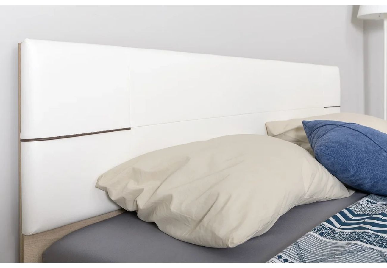 Спальня Лея (тумба прикроватная + кровать + комод + зеркало + шкаф + полка) дуб эндгрейн, миндаль с кроватью 160х200 см