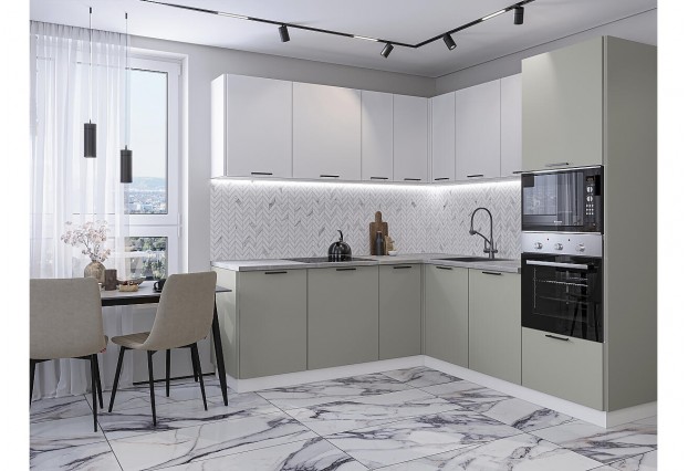 Кухонный гарнитур Лайт-03 Special White/Special Grey, Белый 210/220 см, столешница Кварцит Бьянко