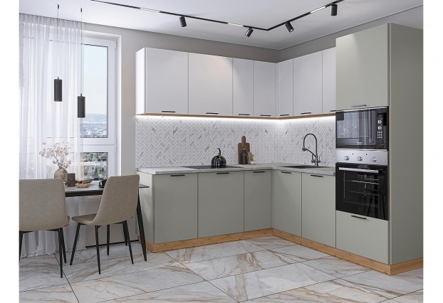 Кухонный гарнитур Лайт-03 Special White/Special Grey, Дуб Вотан 210/220 см, столешница Кварцит Бьянко
