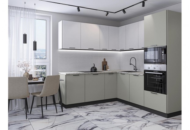 Кухонный гарнитур Лайт-03 Special White/Special Grey, Graphite 210/220 см, столешница Мрамор альпийский