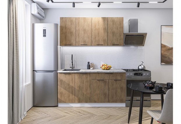 Кухонный гарнитур Флэт-08 Natural Casella Oak 2S, Белый 160 см, столешница Мрамор альпийский