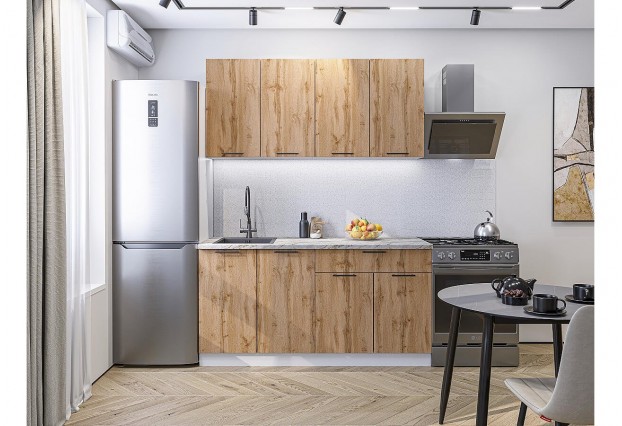 Кухонный гарнитур Флэт-08 Wotan Oak 2S, Белый 160 см, столешница Мрамор альпийский