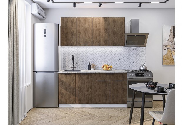 Кухонный гарнитур Флэт-08 Brown Casella Oak 2S, Белый 160 см, столешница Мрамор альпийский