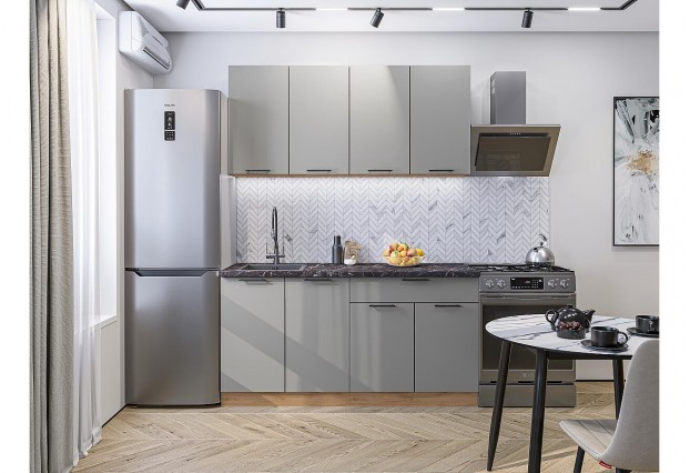 Кухонный гарнитур Флэт-08 Light Grey In 2S, Дуб Вотан 160 см, столешница Мрамор черный