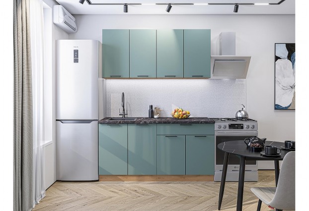 Кухонный гарнитур Флэт-08 Grey-green In 2S, Дуб Вотан 160 см, столешница Мрамор черный