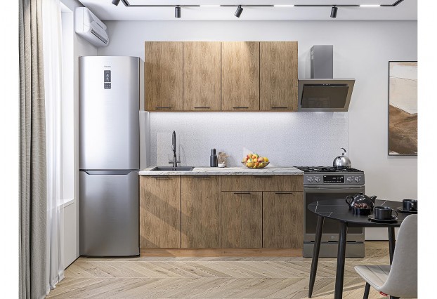 Кухонный гарнитур Флэт-08 Natural Casella Oak 2S, Дуб Вотан 160 см, столешница Мрамор альпийский