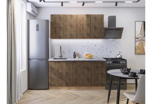 Кухонный гарнитур Флэт-08 Brown Casella Oak 2S, Дуб Вотан 160 см, столешница Снежный мрамор