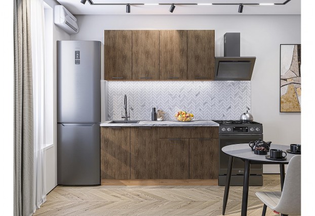 Кухонный гарнитур Флэт-08 Brown Casella Oak 2S, Дуб Вотан 160 см, столешница Снежный мрамор