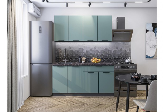 Кухонный гарнитур Флэт-08 Grey-green In 2S, Graphite 160 см, столешница Мрамор черный