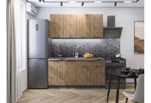 Кухонный гарнитур Флэт-08 Natural Casella Oak 2S, Graphite 160 см, столешница Мрамор дымчатый