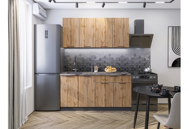 Кухонный гарнитур Флэт-08 Wotan Oak 2S, Graphite 160 см, столешница Мрамор дымчатый