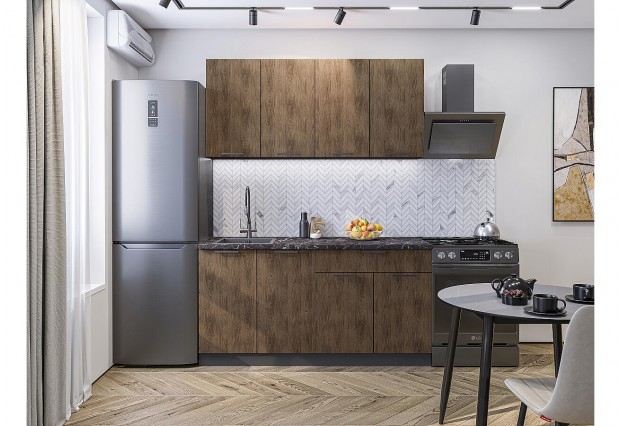 Кухонный гарнитур Флэт-08 Brown Casella Oak 2S, Graphite 160 см, столешница Мрамор черный