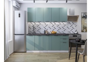 Кухонный гарнитур Флэт-09 Grey-green In 2S, Белый 200 см, столешница Мрамор черный