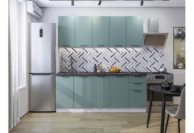 Кухонный гарнитур Флэт-09 Grey-green In 2S, Белый 200 см, столешница Мрамор черный