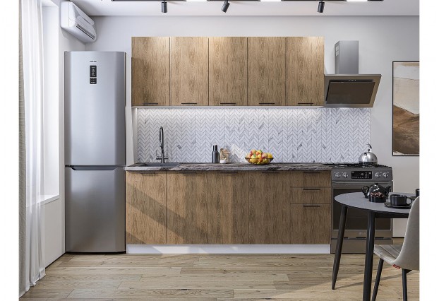 Кухонный гарнитур Флэт-09 Natural Casella Oak 2S, Белый 200 см, столешница Мрамор дымчатый