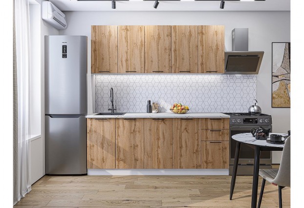 Кухонный гарнитур Флэт-09 Wotan Oak 2S, Белый 200 см, столешница Пирит светлый