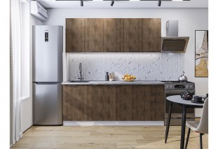 Кухонный гарнитур Флэт-09 Brown Casella Oak 2S, Белый 200 см, столешница Снежный мрамор