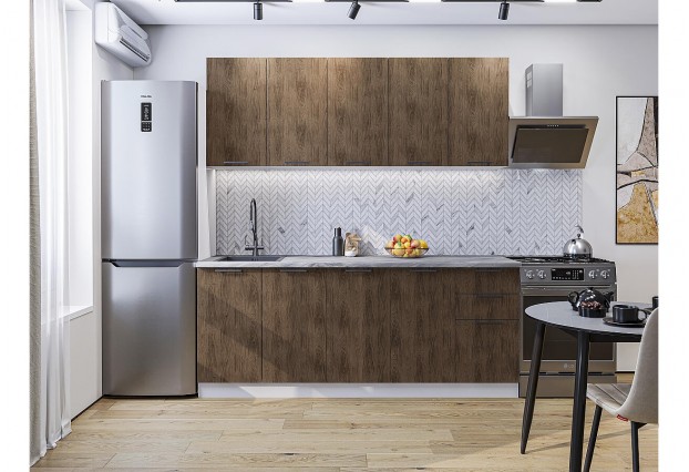 Кухонный гарнитур Флэт-09 Brown Casella Oak 2S, Белый 200 см, столешница Снежный мрамор