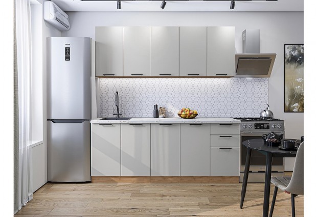 Кухонный гарнитур Флэт-09 Light Grey In 2S, Дуб Вотан 200 см, столешница Пирит светлый