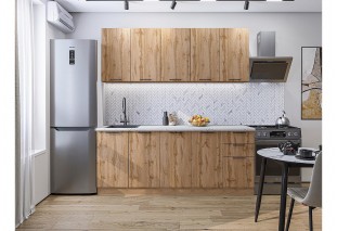 Кухонный гарнитур Флэт-09 Wotan Oak 2S, Дуб Вотан 200 см, столешница Пирит светлый