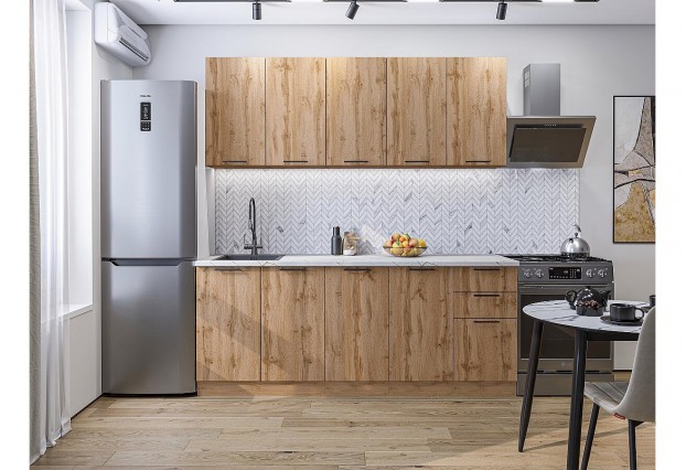 Кухонный гарнитур Флэт-09 Wotan Oak 2S, Дуб Вотан 200 см, столешница Пирит светлый