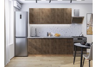 Кухонный гарнитур Флэт-09 Brown Casella Oak 2S, Дуб Вотан 200 см, столешница Снежный мрамор