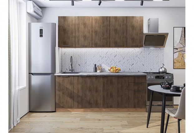 Кухонный гарнитур Флэт-09 Brown Casella Oak 2S, Дуб Вотан 200 см, столешница Снежный мрамор