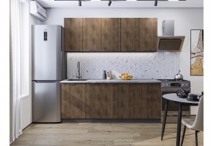 Кухонный гарнитур Флэт-09 Brown Casella Oak 2S, Graphite 200 см, столешница Снежный мрамор