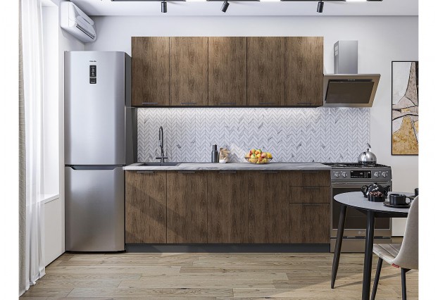 Кухонный гарнитур Флэт-09 Brown Casella Oak 2S, Graphite 200 см, столешница Снежный мрамор