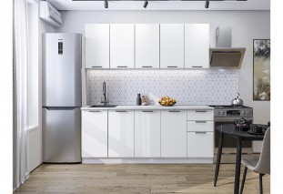Кухонный гарнитур Флэт-09 White In 2S, Белый 200 см, столешница Пирит светлый