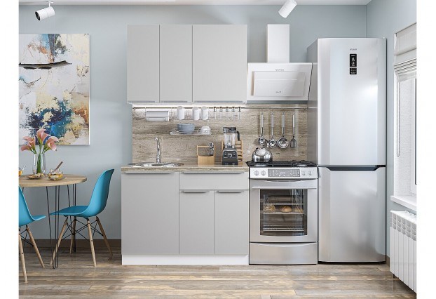 Кухонный гарнитур Фьюжн-05 Silky Light Grey, Белый 110 см, столешница Песчаный камень глянец