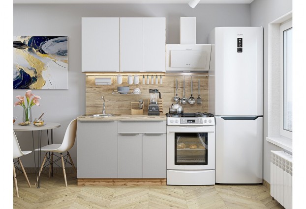 Кухонный гарнитур Фьюжн-05 Silky White/Silky Light Grey, Дуб Вотан 110 см, столешница Редондо