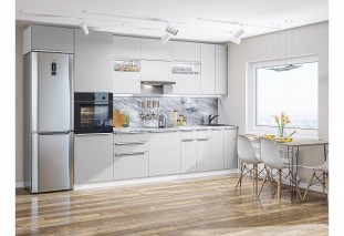 Кухонный гарнитур Фьюжн-01 Silky Light Grey, Белый 360 см, столешница Снежный мрамор