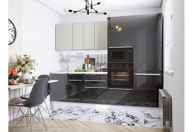 Кухонный гарнитур Фьюжн-07 Silky Light Grey/Anthracite, Белый 270 см, столешница Антарес