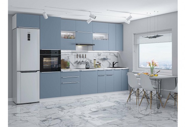 Кухонный гарнитур Фьюжн-01 Silky Blue, Белый 360 см, столешница Гранит белый