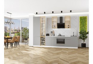 Кухонный гарнитур Фьюжн-08 Silky Light Grey, Белый 340 см, столешница Пирит светлый