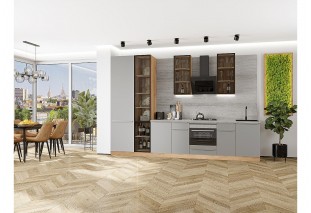 Кухонный гарнитур Фьюжн-08 Silky Light Grey, Дуб Вотан 340 см, столешница Песчаный камень глянец