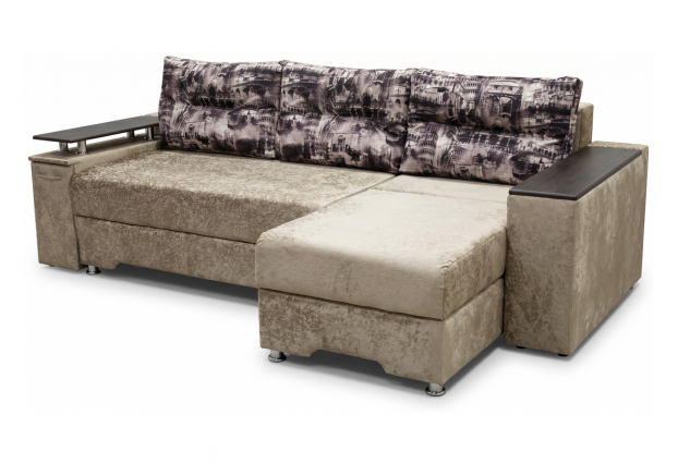 Угловой диван Трансформер с баром бежево-коричневый