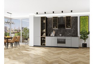 Кухонный гарнитур Фьюжн-08 Silky Light Grey, Graphite 340 см, столешница Мрамор черный