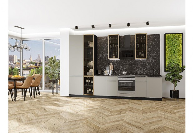 Кухонный гарнитур Фьюжн-08 Silky Grey, Graphite 340 см, столешница Мрамор черный