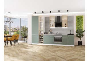 Кухонный гарнитур Фьюжн-08 Silky Mint, Белый 340 см, столешница Песчаный камень глянец