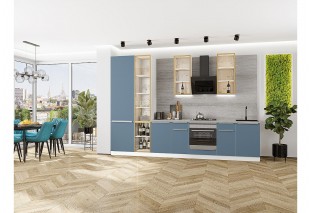 Кухонный гарнитур Фьюжн-08 Silky Blue, Белый 340 см, столешница Песчаный камень глянец