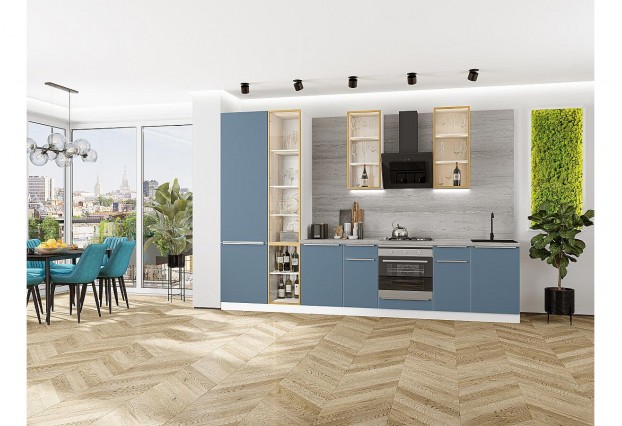 Кухонный гарнитур Фьюжн-08 Silky Blue, Белый 340 см, столешница Песчаный камень глянец