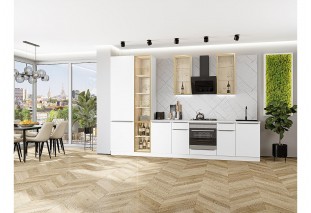 Кухонный гарнитур Фьюжн-08 Silky White, Белый 340 см, столешница Пирит светлый, со стеклянными полками